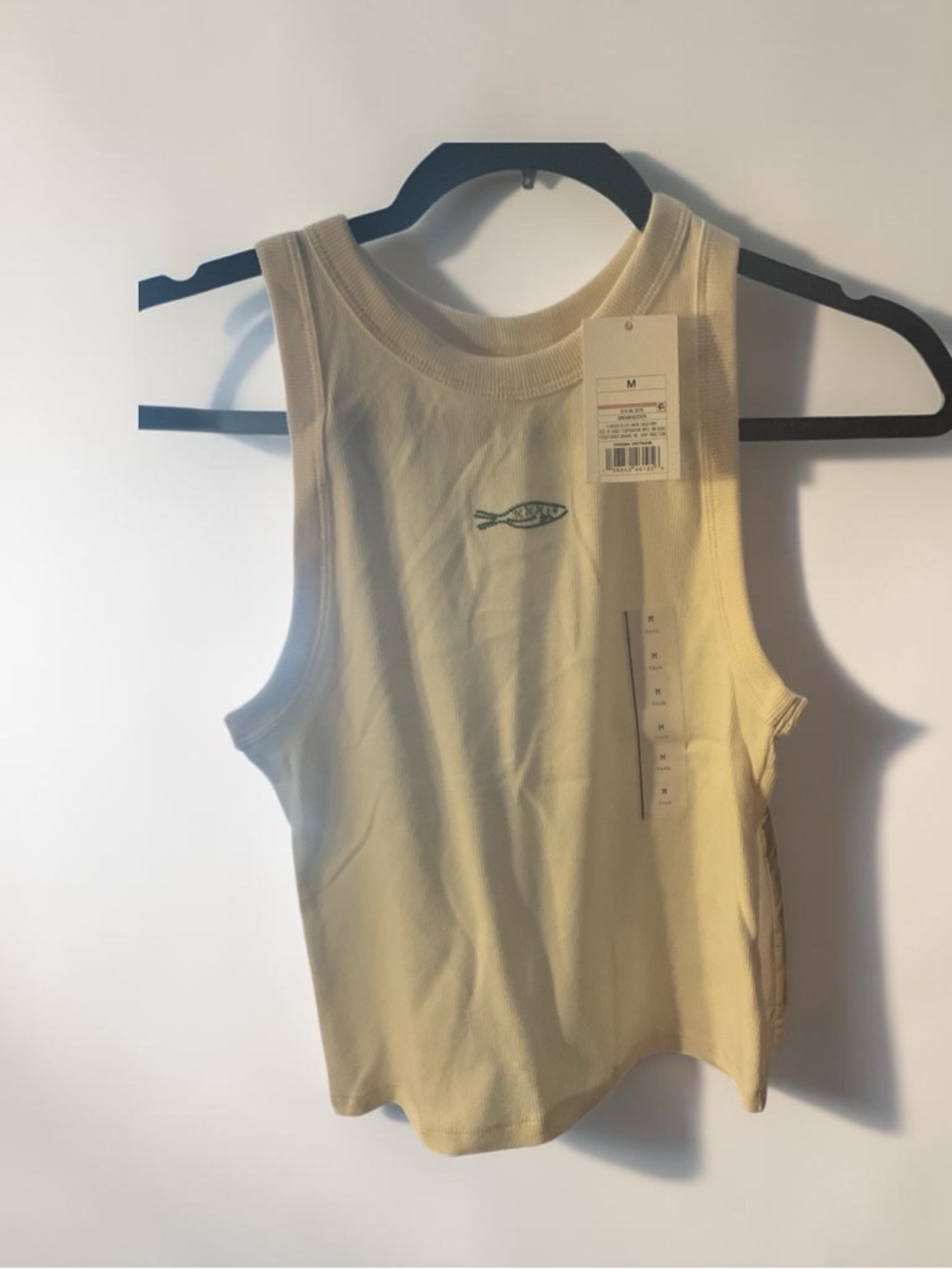 a new day Yellow Ribbed Tank Top with Small Green Fish Embroidery